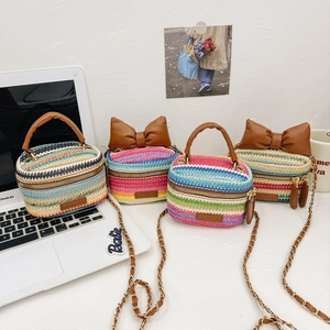 Kids Rainbow Woven Crossbody Bag With Faux Leather Bow Decor Metal Chain Strap Casual Fashion Mini Shoulder Handbag For Girls