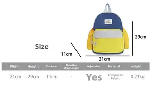 Size guide for children backpack with measurements 21x29x11cm and adjustable straps