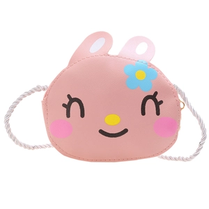 Pink cartoon rabbit crossbody bag for kids with cute floral accent and white rope strap