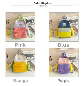 Collage of four color-blocked mini backpacks for kids in pink, blue, orange, and purple
