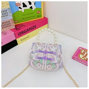 Detail of blue lace mini bag with pink embroidery, traditional frog button and pearl handle
