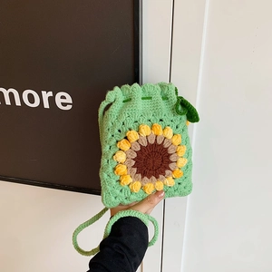 Handmade Crochet Sunflower Drawstring Crossbody Bag Knit Floral Bucket Shoulder Purse For Women Pastoral Style