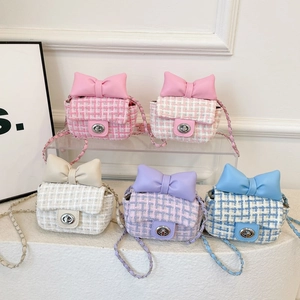 Kids Girls Mini Crossbody Bag Sweet Tweed Plaid Shoulder Handbag Large Bowknot Metal Chain Strap Elegant Princess Style
