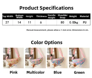 Detailed size parameters and four color options for the sequined fish tail kids fanny pack