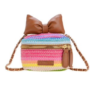Rainbow woven crossbody bag for kids with a brown bow and stylish chain strap