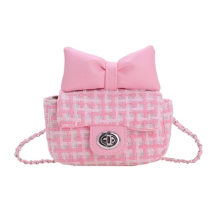 Pink tweed kids crossbody bag with a large sweet bow and silver metallic twist lock