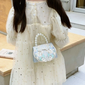 Light blue Chinese style girls crossbody bag with floral embroidery and pearl handle