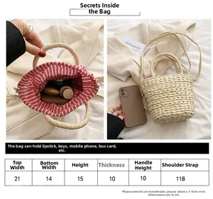 Size chart showing dimensions for the beige straw bucket bag with red striped lining