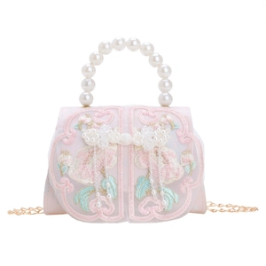 Pink vintage Chinese style crossbody bag with floral embroidery and pearl handle