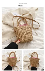 Detail view of khaki woven bucket bag with striped drawstring lining and shoulder strap