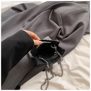 Detailed interior of a silver rhinestone mini bag with metallic chain and black lining