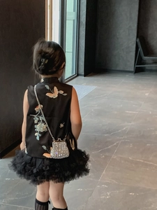 Close-up of traditional Chinese embroidery and black mesh tutu skirt for young girls