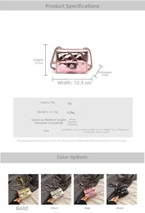Size chart for kids diamond quilted crossbody bag with precise dimensions and color options