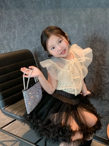 Silver rhinestone mini handbag styled with ruffled top and black tiered tutu skirt