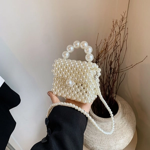 Kids Girls Mini Crossbody Bag Hand-Woven Artificial Pearl Beaded Handbag With Top Handle And Strap Elegant Sweet For Party