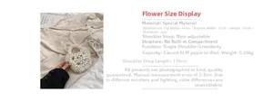 Detailed size chart for pearl flower handbag showing 16cm width and 110cm strap length