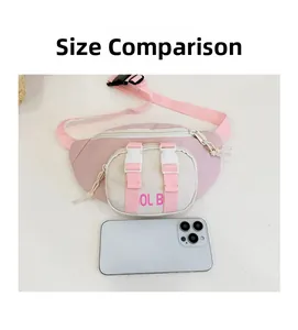 Size comparison of a pink canvas waist bag next to a smartphone showing dimensions