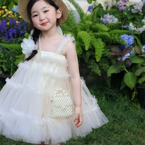 Elegant white tulle princess dress for girls with matching pearl crossbody bag