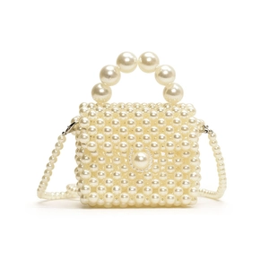 Elegant white faux pearl woven crossbody mini handbag with beaded handle and chain strap