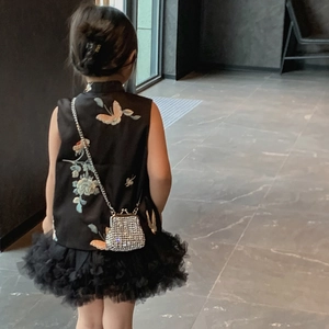 Kids silver rhinestone crossbody bag paired with a black floral embroidery retro set