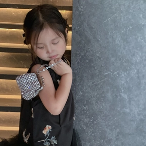 Mini rhinestone crossbody bag for kids with silver chain and vintage metal clasp closure
