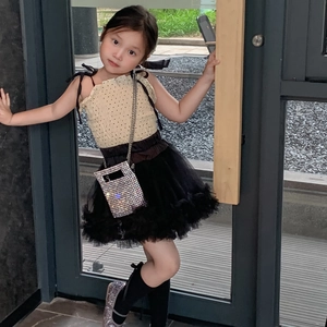 Polka dot camisole with layered tulle skirt and sparkly sequin chain bag set for girls