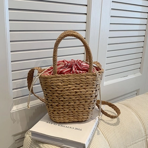 Women Straw Woven Bucket Bag Handwoven Summer Beach Vacation Casual Retro Style Crossbody Handbag With Striped Lining