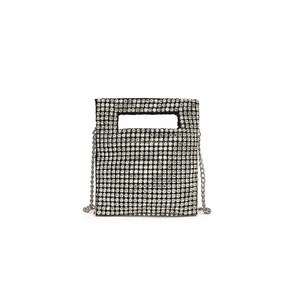 Sparkling silver rhinestone mini handbag for girls with chain strap and hollow handle