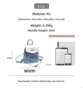 Size chart for casual PU backpack with dimensions 22x20x10cm and item capacity guide