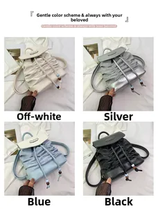 Collage of pleated drawstring backpacks in off-white, silver, blue, and black colors