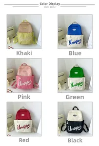 Detailed grid showing six color options for the children canvas backpack with Unique lettering