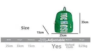 Detailed size chart showing 25x33x15cm dimensions for the green Oxford children's backpack