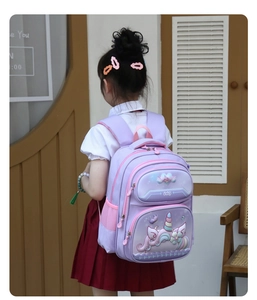 Rear view of schoolgirl wearing a purple unicorn backpack with multiple zipper pockets