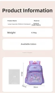 Detailed size chart for the purple unicorn school bag with fabric and dimension specs