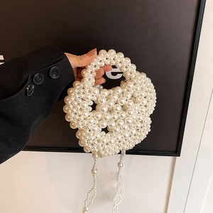 Kids Handmade Beaded Artificial Pearl Handbag Sweet Flower Shaped Crossbody Bag Princess Style For Girls Daily Accessories