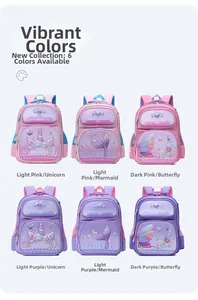 Detailed grid showing six colorful cartoon schoolbags with unicorn and mermaid designs