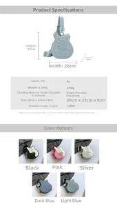 Detailed chart showing PU guitar-shaped bag dimensions, weight, and available color options