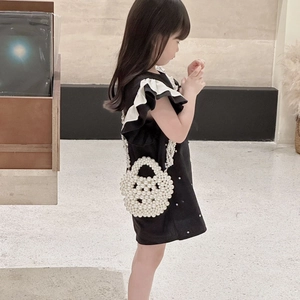 Elegant girls white pearl beaded handbag with floral handle and long shoulder strap