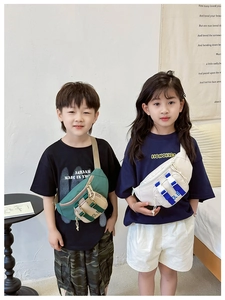 Kids trendy canvas chest bag with adjustable strap and multi-pocket color block design