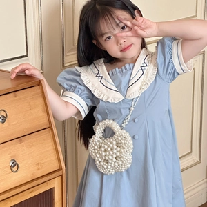 Blue nautical style girls' dress with handmade white pearl floral crossbody handbag