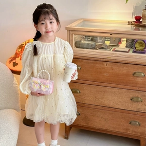 Elegant girls' cream tulle princess dress with golden stars and pearl handle handbag