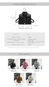 Detailed spec sheet of shirt-tie design PU crossbody bag with size and strap info