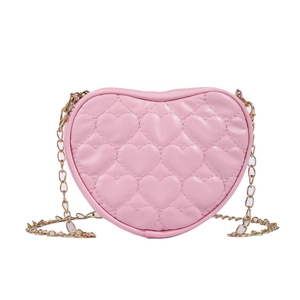 Pink heart-shaped crossbody bag with quilted embroidery and gold metal chain strap