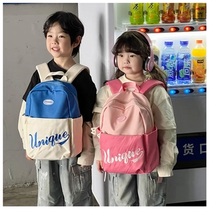 Kids backpack set in blue and pink contrast colors with wide straps and side pockets