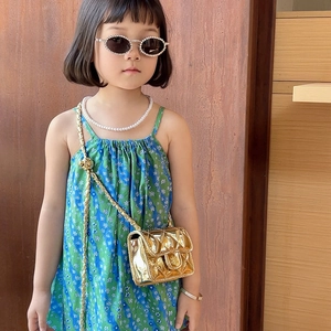 Kids quilted crossbody bag with gold metallic finish and metal chain strap for girls