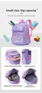 Detailed interior of purple unicorn school bag showing large capacity and multi-layer pockets