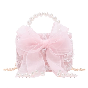 Pink sequin mini bag with pearl handle, organza bow and chain strap for girls