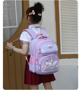 Side view of kid's unicorn backpack in purple with 3D embroidery and mesh pockets