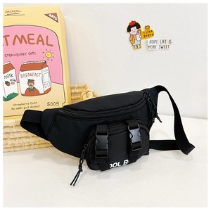 Detail view of black nylon kids waist bag featuring white COOL B print and adjustable strap