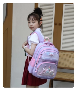 Detail of purple unicorn school bag featuring multi-layer zippers and side mesh pocket